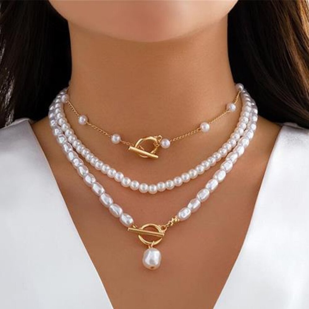 3 Pcs Gold and Pearl Necklace Gold Layered Necklaces Chunky Statement Stackable